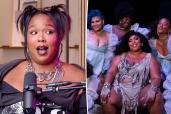 Lizzo split image with her dancers.