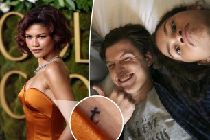 Zendaya at the 2025 Golden Globes split with her and Tom Holland with an inset of her tattoo.