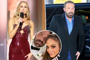 Nikki Glaser split image with Ben Affleck inset of him and Jennifer Lopez.