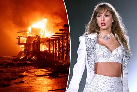 Taylor Swift split image with fire.