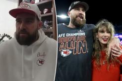 Travis Kelce split image with Taylor Swift.