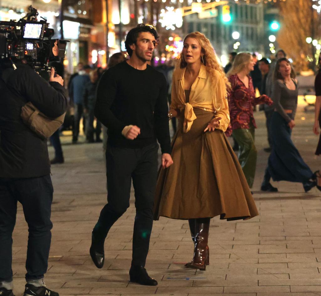 Justin Baldoni and Blake Lively are seen on the set of 'It Ends with Us' on January 12, 2024 in Jersey City, New Jersey.  
