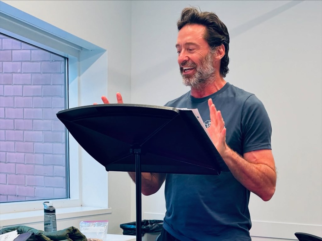 Hugh Jackman gets his pipes ready for his concerts "From New York, With Love" at Radio City Music Hall in NYC.