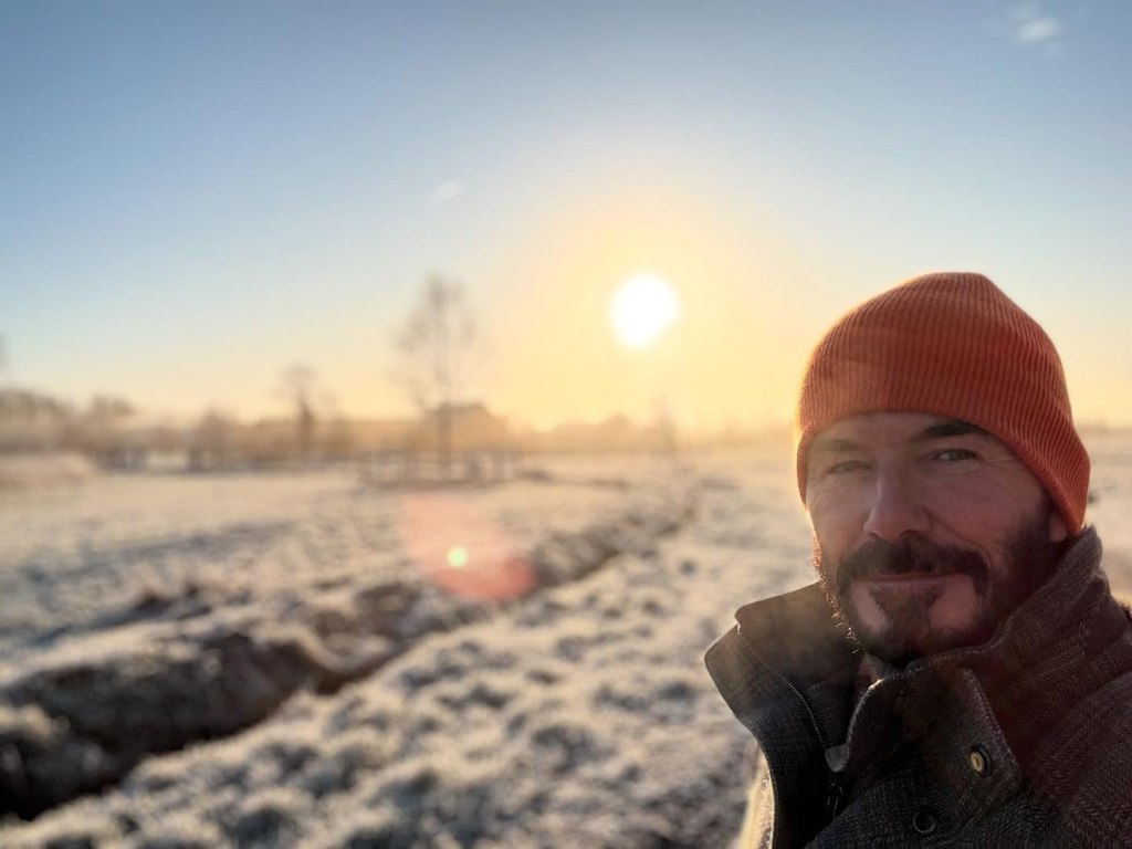 David Beckham steps out for a lovely scenic winter walk.